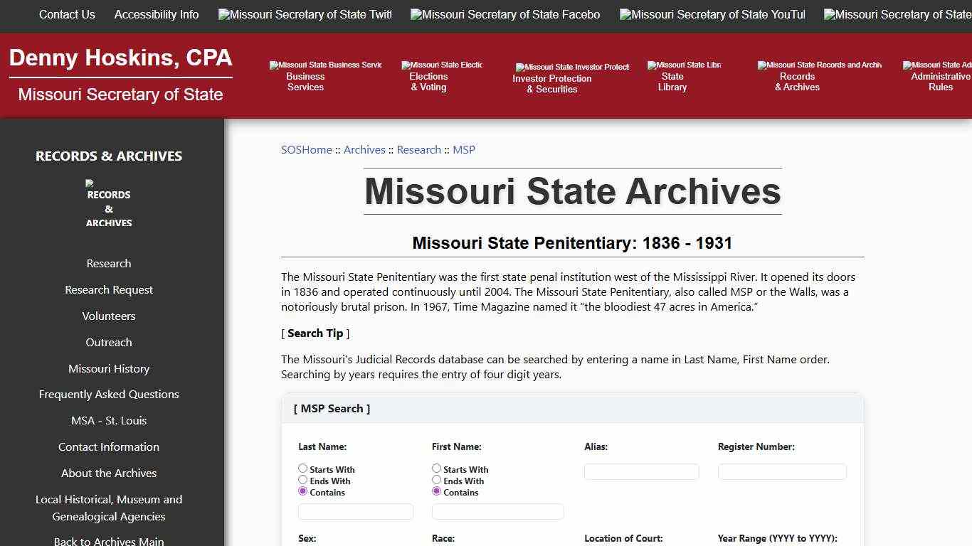 Missouri State Penitentiary Database